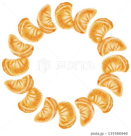 Mandarin Orange Wreath. Watercolor illustration of a round wreath with mandarin orange slices. Perfect for New Year's designs, packaging, menus, branding, and food packaging. 135566940
