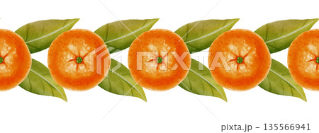 Seamless border of tangerines and leaves. Watercolor illustration of a border featuring peeled and unpeeled tangerines. Perfect for New Year's designs, packaging, menus, branding, and food packaging Seamless border of tangerines and leaves. Watercolor illustration of a border featuring peeled and unpeeled tangerines. Perfect for New Year's designs, packaging, menus, branding, and food packaging 135566941