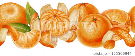 Seamless border of tangerines and leaves. Watercolor illustration of a border featuring peeled and unpeeled tangerines. Perfect for New Year's designs, packaging, menus, branding, and food packaging Seamless border of tangerines and leaves. Watercolor illustration of a border featuring peeled and unpeeled tangerines. Perfect for New Year's designs, packaging, menus, branding, and food packaging 135566944