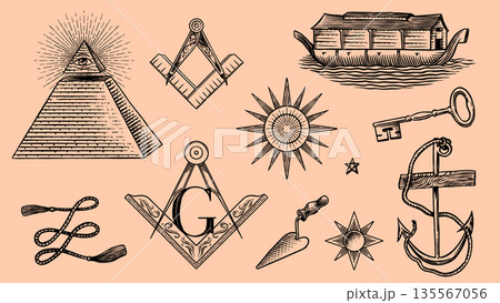 Freemason and Mason symbols. Illuminati and secret union or brotherhood elements. Eye of Providence 135567056