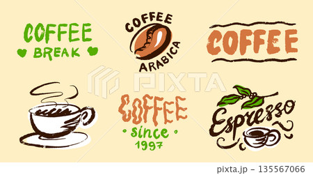 Coffee emblems logo and lettering for your coffee brand. Espresso and coffee bean, arabica flavour 135567066