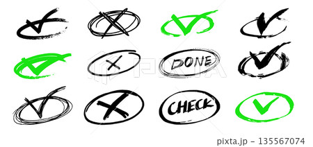 Set of green and black grunge Check marks, tick, yes, vote brush made. X symbols and done. Agree or Set of green and black grunge Check marks, tick, yes, vote brush made. X symbols and done. Agree or 135567074