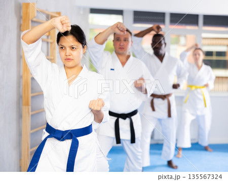 Women and men in kimono in fight stance during group karate training Women and men in kimono in fight stance during group karate training 135567324