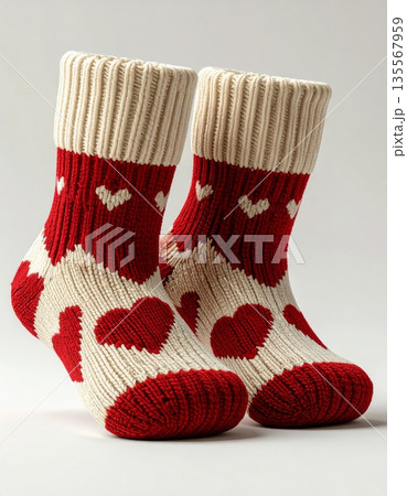 Pair of Knitted Socks with Hearts Pattern Against a Soft White Background 135567959