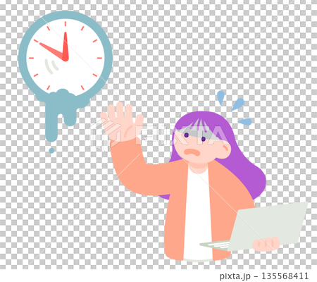 時間消逝的畫面：一個正在融化的鐘錶和一個匆忙在電腦前工作的女人 135568411