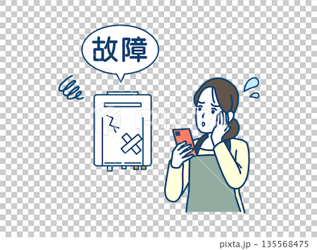 Illustration of a housewife in trouble because her gas water heater is broken Illustration of a housewife in trouble because her gas water heater is broken 135568475