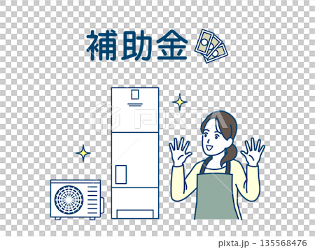 Illustration of a housewife happy to receive a water heater subsidy 135568476
