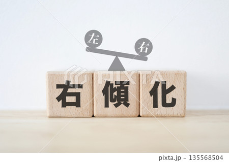 右傾化を示す木製ブロックと右に傾くシーソー。 135568504