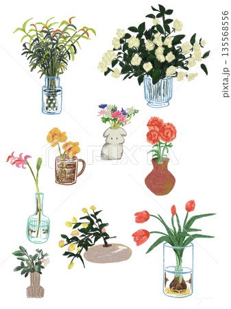 手書き風の花と花瓶のフラワーアレンジメント・イラストセット 手書き風の花と花瓶のフラワーアレンジメント・イラストセット 135568556