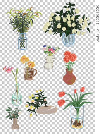 Hand-drawn flower arrangement illustration set of flowers and vases 135568556