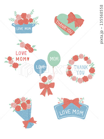 手書き風の母の日カーネーションとギフトのメッセージイラストセット 135568558