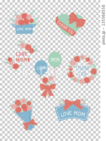 手書き風の母の日カーネーションとギフトのメッセージイラストセット 135568558