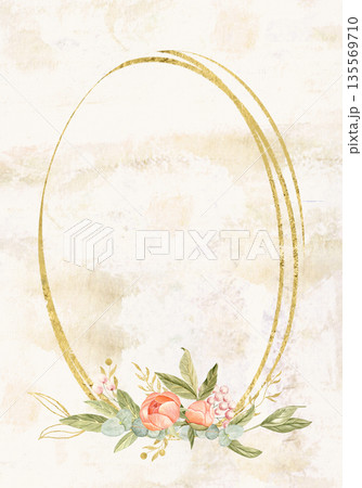 Peony flowers in peach tones, green leaves, berries watercolor vertical frame on textured beige. Hand-painted golden detail, perfect for wedding invitations, branding, packaging, fabric design, cards 135569710