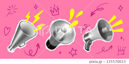 Halftone Megaphone Pop Art Collage Set with Hand Drawn Arrows Crown Sparkles Swirls. Loudspeaker Paper Cut Icons and Doodles on Pink Bg for Social Media Marketing Announcement. Vector Illustration 135570013