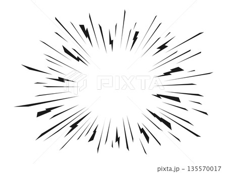 Explosion Manga Black White Frame. Pop Art Radial Lightning Rays, Thunder Bolts, Sharp Speed Lines. Minimal Retro Circular Burst Dynamic Effect. Powerful Expressive Comic Border. Vector Illustration 135570017