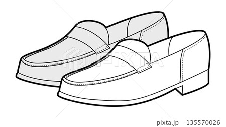 Penny loafer shoe women sketch pair. Strap detail casual dress footwear for smart office college outfit. Technical Penny loafer shoe women sketch pair. Strap detail casual dress footwear for smart office college outfit. Technical 135570026