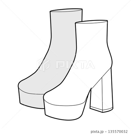 Chunky platform block ankle boot women sketch pair. Oversized sole with stacked heel for winter, fashion. Technical Chunky platform block ankle boot women sketch pair. Oversized sole with stacked heel for winter, fashion. Technical 135570032