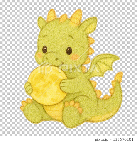 色鉛筆畫，描繪了一條龍手捧滿月。 135570101