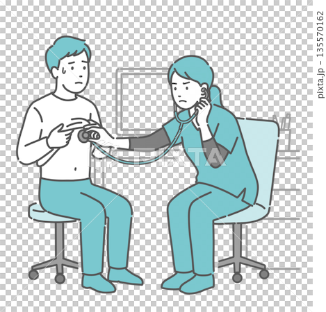 聴診を受ける冷や汗をかいた男性と深刻な表情のスクラブの女性医療従事者のイラスト 135570162