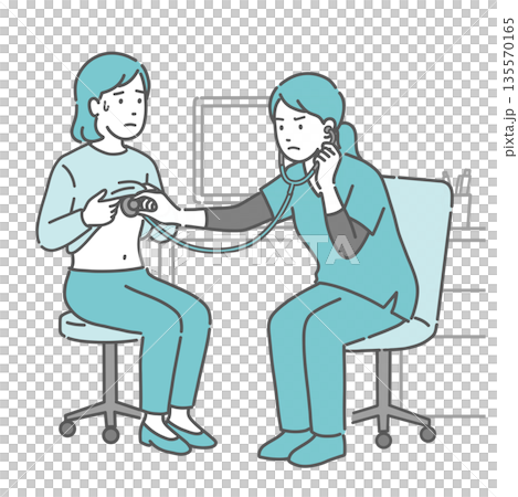 Illustration of a woman with a cold sweat receiving a stethoscope and a female medical professional in a scrub with a serious expression Illustration of a woman with a cold sweat receiving a stethoscope and a female medical professional in a scrub with a serious expression 135570165