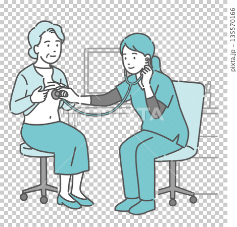 圖示：一名身穿手術服的女醫護人員（醫師/護理師）正在為一位老年婦女進行聽診和檢查。 135570166