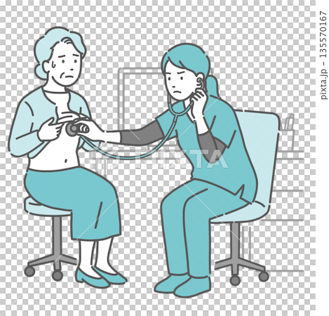 插圖描繪了一位滿頭大汗的老婦人正在接受聽診器檢查,旁邊是一位身穿手術服、表情嚴肅的女醫護人員。 插圖描繪了一位滿頭大汗的老婦人正在接受聽診器檢查,旁邊是一位身穿手術服、表情嚴肅的女醫護人員。 135570167