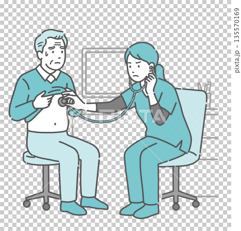 Illustration of a sweaty elderly man receiving a stethoscope and a female medical professional in a scrub with a serious expression 135570169