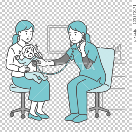 Illustration of a female medical professional in a scrub examining a crying baby and an anxious mother Illustration of a female medical professional in a scrub examining a crying baby and an anxious mother 135570171
