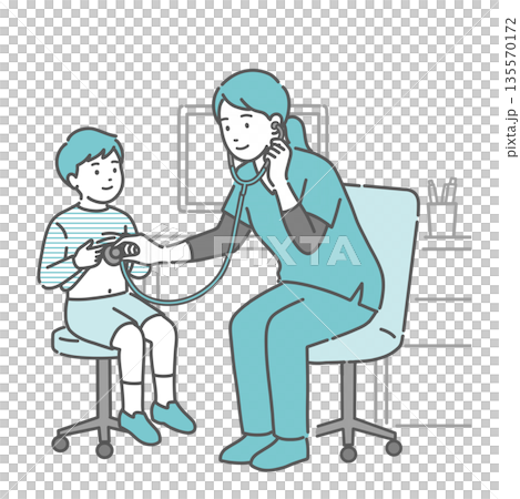 Illustration of a boy being auscultated and examined by a female medical professional (doctor/nurse) wearing a scrub 135570172