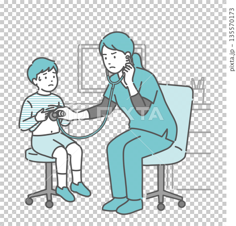 聴診を受ける冷や汗をかいた男の子と深刻な表情のスクラブの女性医療従事者のイラスト 135570173