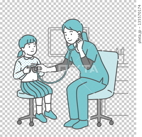 Illustration of a girl being auscultated and examined by a female medical professional (doctor/nurse) wearing a scrub Illustration of a girl being auscultated and examined by a female medical professional (doctor/nurse) wearing a scrub 135570174