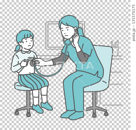 Illustration of a girl with a cold sweat receiving a stethoscope and a female medical worker in a scrub with a serious expression Illustration of a girl with a cold sweat receiving a stethoscope and a female medical worker in a scrub with a serious expression 135570175
