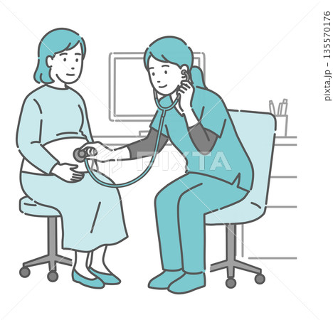 スクラブを着た女性医療従事者(医師・助産師)による妊婦のお腹の聴診・診察のイラスト スクラブを着た女性医療従事者(医師・助産師)による妊婦のお腹の聴診・診察のイラスト 135570176