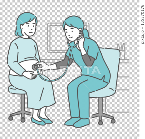 スクラブを着た女性医療従事者(医師・助産師)による妊婦のお腹の聴診・診察のイラスト スクラブを着た女性医療従事者(医師・助産師)による妊婦のお腹の聴診・診察のイラスト 135570176