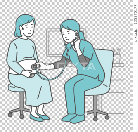 Illustration of a pregnant woman with a cold sweat receiving a stethoscope and a female medical professional in a scrub with a serious expression Illustration of a pregnant woman with a cold sweat receiving a stethoscope and a female medical professional in a scrub with a serious expression 135570177