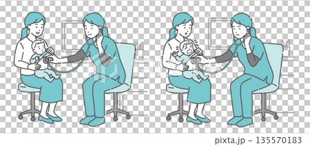 Auscultation illustration set of a baby and mother by a female medical professional (doctor/nurse) wearing a scrub (normal/abnormal/body 135570183