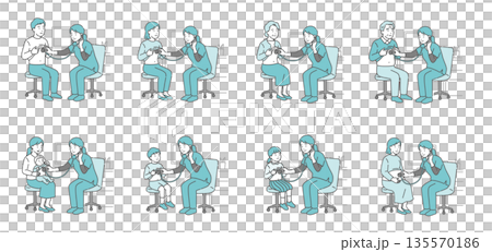 Illustration set of auscultation and examination by female medical professionals (doctors and nurses) wearing scrubs (men and women of all ages, pregnant women, infants) Illustration set of auscultation and examination by female medical professionals (doctors and nurses) wearing scrubs (men and women of all ages, pregnant women, infants) 135570186
