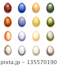 Colorful watercolor Easter eggs. Large set of monochrome hand-drawn illustrations in a realistic style on a white background for Easter promotional materials, invitations, cards, labels, and menus 135570190