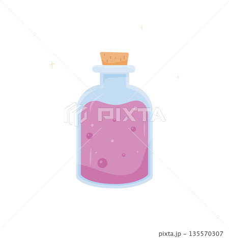 Glass bottle filled with pink liquid and cork stopper in a whimsical illustration style Glass bottle filled with pink liquid and cork stopper in a whimsical illustration style 135570307