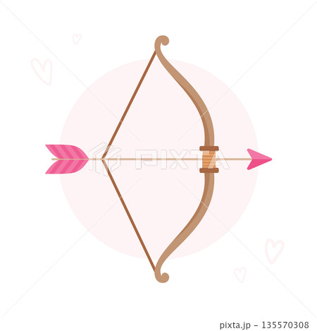 Bow and arrow illustration with pink arrow and heart accents for romantic themes 135570308