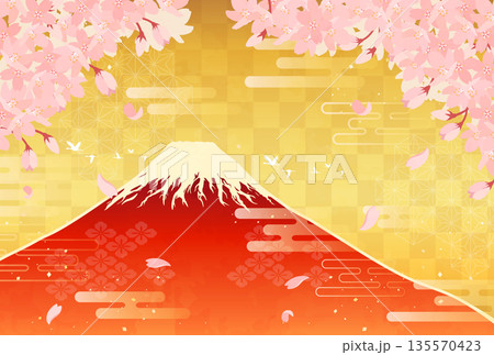 桜と赤富士のイラスト_横2 桜と赤富士のイラスト_横2 135570423