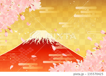 桜と赤富士のイラスト_横4 135570425