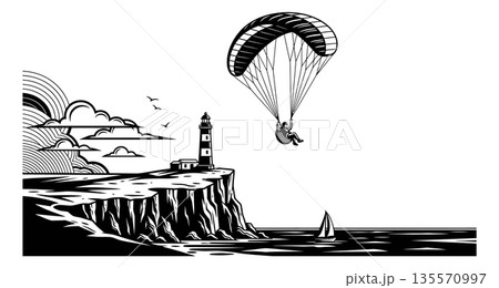 Line art illustration of a paraglider flying near a lighthouse depicting extreme sports for coastal adventure Line art illustration of a paraglider flying near a lighthouse depicting extreme sports for coastal adventure 135570997