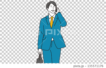 Illustration material of a male business person walking while talking on a smartphone 135571176