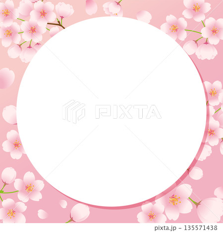 桜の花が舞う背景に円形の白いボードのイラスト素材。 桜の花が舞う背景に円形の白いボードのイラスト素材。 135571438