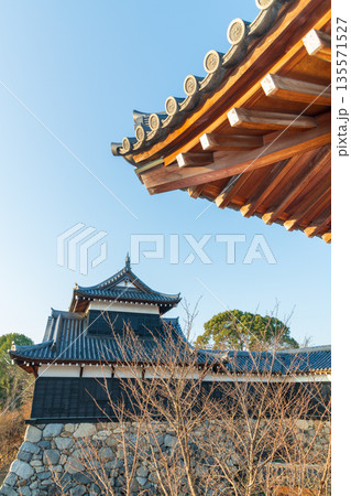 《商用撮影許可取得済》追手門石垣上から見る追手向櫓と追手門の屋根 135571527