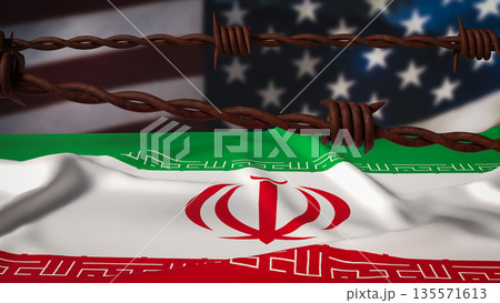 United States and Iran Tension Under Sanctions and Geopolitical Conflict Concept 3d render. United States and Iran Tension Under Sanctions and Geopolitical Conflict Concept 3d render. 135571613