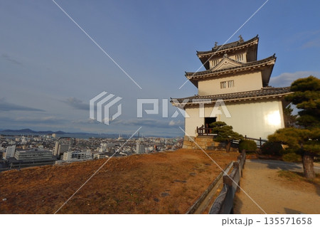 丸亀城天守と背後の街並み・瀬戸大橋（香川県丸亀市） 135571658