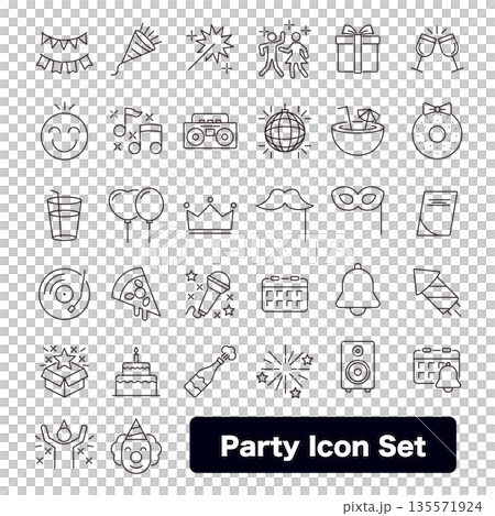 Party and celebration icon set: Events, birthdays, and decorations 135571924