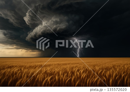 Dark storm clouds gather over a golden wheat...のイラスト素材 [135572020] - PIXTA